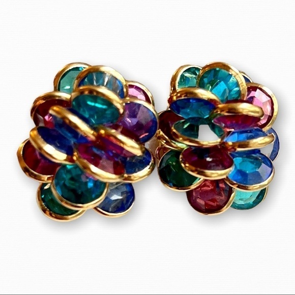 Vintage Multi Color Rhinestone Clip On Earrings - Picture 1 of 10